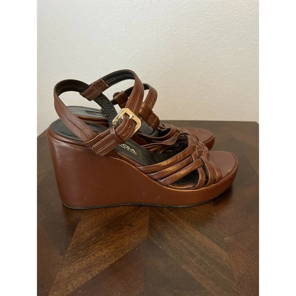Vintage y2k 7.5M Platform Chunky Sandals Brown Leather Ankle Strap Via Spiga - Picture 3 of 6